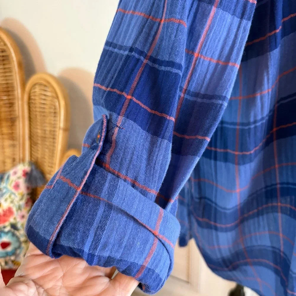 Anthropologie HOLDING HORSES Blue Plaid Long Cotton Tunic Casual Shirt! Great. L - Picture 4 of 9